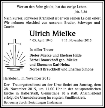 Traueranzeige von Ulrich Mielke  von Magdeburger Volksstimme