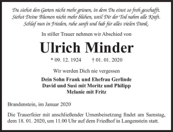 Traueranzeige von Ulrich Minder  von Magdeburger Volksstimme