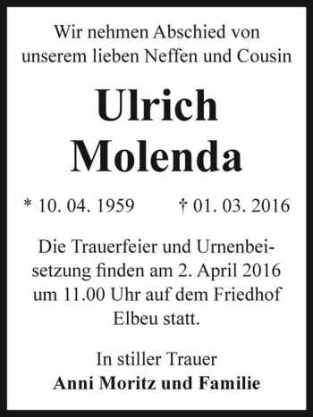 Traueranzeige von Ulrich Molenda  von Magdeburger Volksstimme