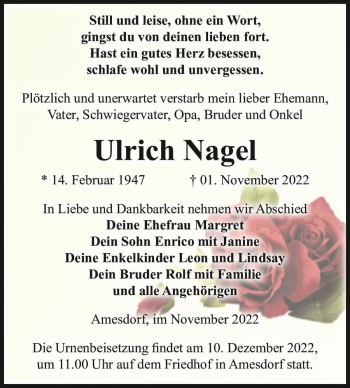 Traueranzeige von Ulrich Nagel  von Magdeburger Volksstimme