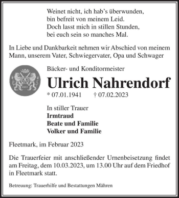 Traueranzeige von Ulrich Nahrendorf  von Magdeburger Volksstimme
