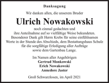 Traueranzeige von Ulrich Nawakowski  von Magdeburger Volksstimme