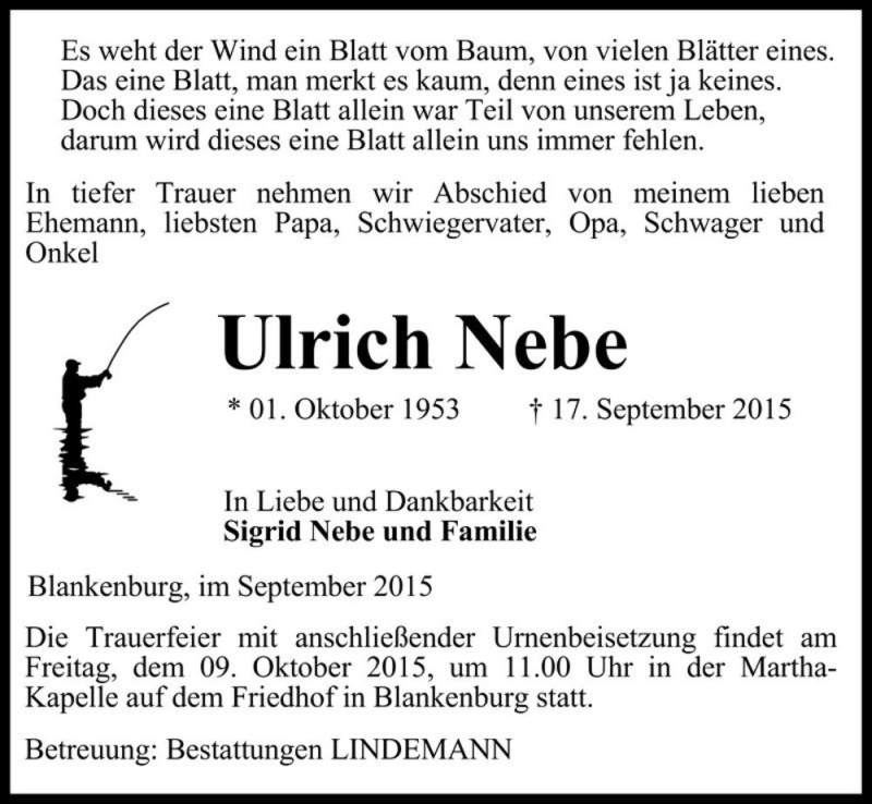  Traueranzeige für Ulrich Nebe  vom 26.09.2015 aus Magdeburger Volksstimme