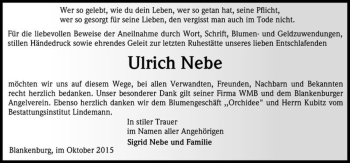 Traueranzeige von Ulrich Nebe  von Magdeburger Volksstimme