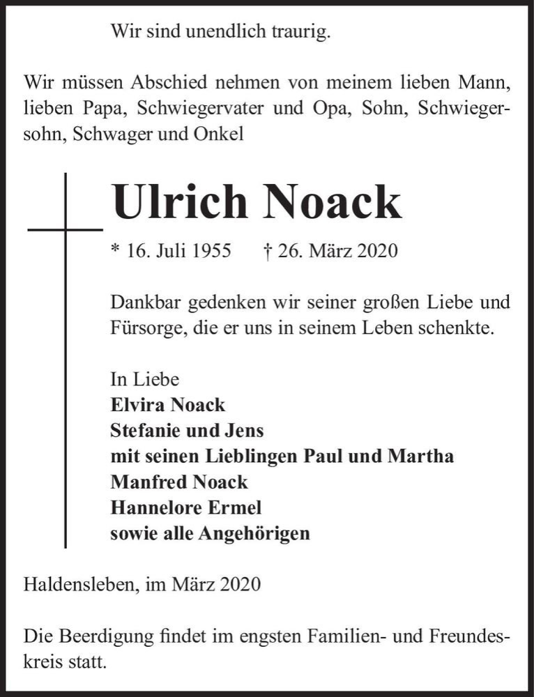  Traueranzeige für Ulrich Noack  vom 31.03.2020 aus Magdeburger Volksstimme
