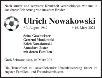 Traueranzeige von Ulrich Nowakowski  von Magdeburger Volksstimme