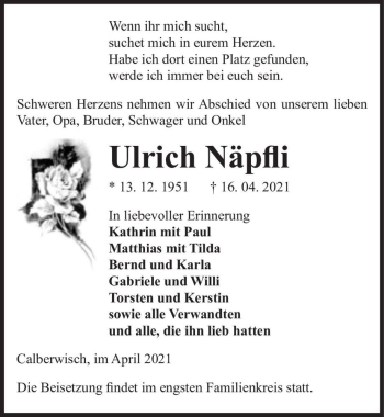 Traueranzeige von Ulrich Näpfli  von Magdeburger Volksstimme