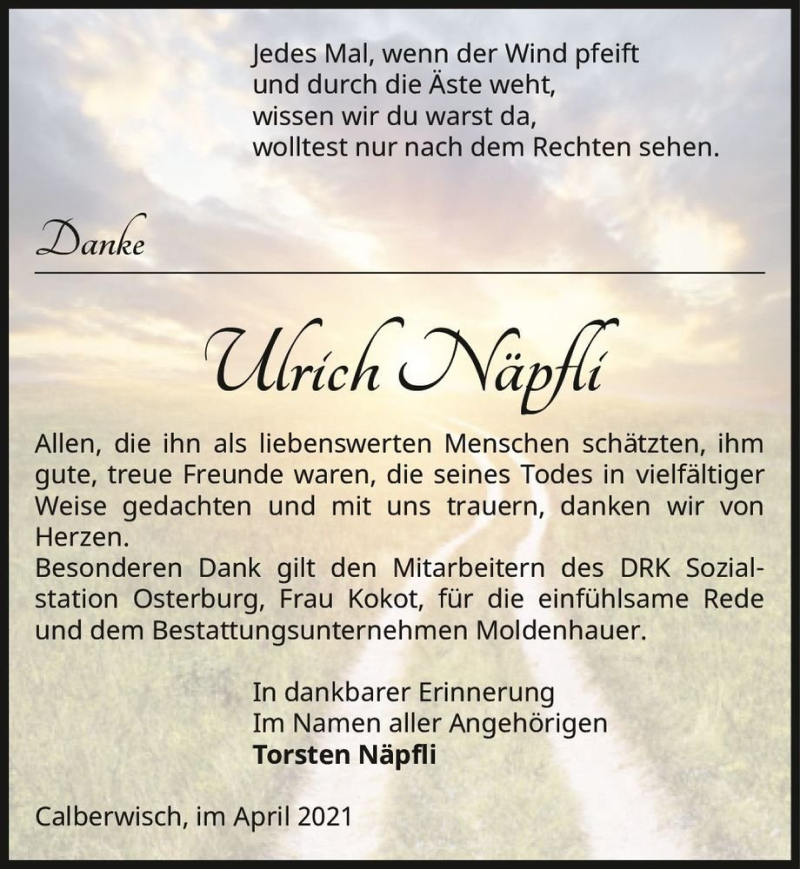  Traueranzeige für Ulrich Näpfli  vom 07.05.2021 aus Magdeburger Volksstimme
