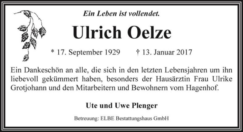  Traueranzeige für Ulrich Oelze  vom 28.01.2017 aus Magdeburger Volksstimme