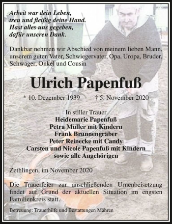 Traueranzeige von Ulrich Papenfuß  von Magdeburger Volksstimme