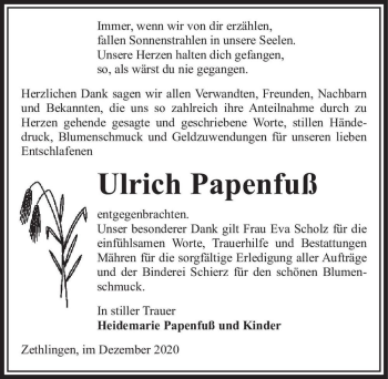Traueranzeige von Ulrich Papenfuß  von Magdeburger Volksstimme