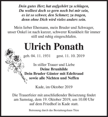 Traueranzeige von Ulrich Ponath  von Magdeburger Volksstimme