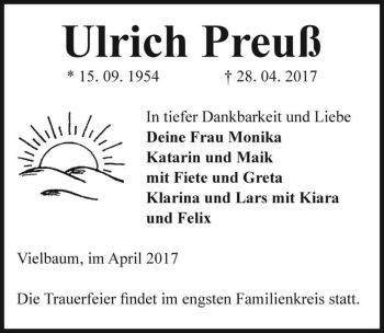 Traueranzeige von Ulrich Preuß  von Magdeburger Volksstimme
