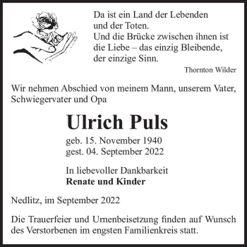 Traueranzeige von Ulrich Puls  von Magdeburger Volksstimme