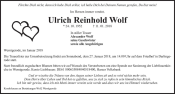 Traueranzeige von Ulrich Reinhold Wolf  von Magdeburger Volksstimme