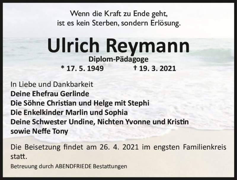  Traueranzeige für Ulrich Reymann  vom 17.04.2021 aus Magdeburger Volksstimme