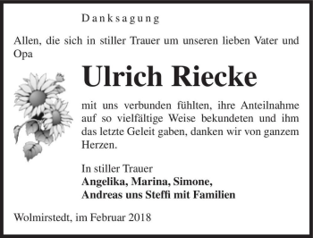 Traueranzeige von Ulrich Riecke  von Magdeburger Volksstimme