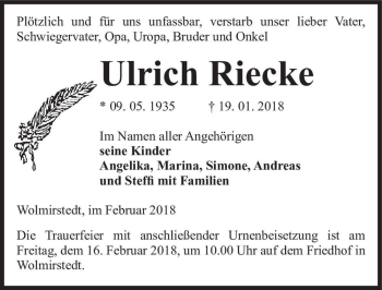 Traueranzeige von Ulrich Riecke  von Magdeburger Volksstimme