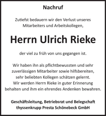 Traueranzeige von Ulrich Rieke  von Magdeburger Volksstimme