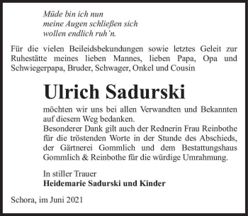 Traueranzeige von Ulrich Sadurski  von Magdeburger Volksstimme
