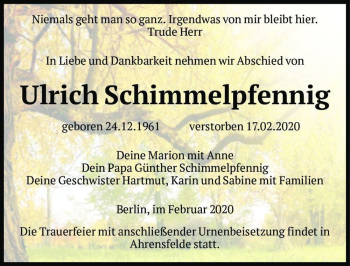 Traueranzeige von Ulrich Schimmelpfennig  von Magdeburger Volksstimme