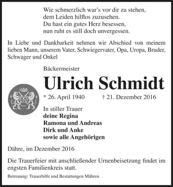 Traueranzeige von Ulrich Schmidt  von Magdeburger Volksstimme