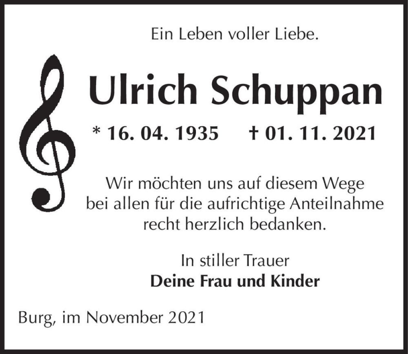  Traueranzeige für Ulrich Schuppan  vom 20.11.2021 aus Magdeburger Volksstimme