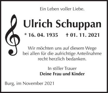 Traueranzeige von Ulrich Schuppan  von Magdeburger Volksstimme