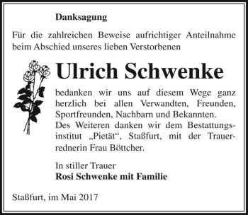 Traueranzeige von Ulrich Schwenke  von Magdeburger Volksstimme