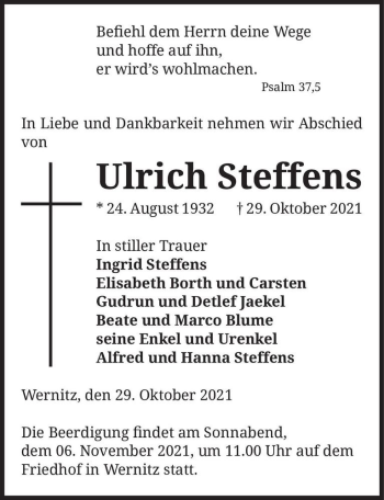 Traueranzeige von Ulrich Steffens  von Magdeburger Volksstimme