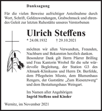 Traueranzeige von Ulrich Steffens  von Magdeburger Volksstimme