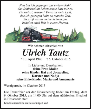 Traueranzeige von Ulrich Tautz  von Magdeburger Volksstimme