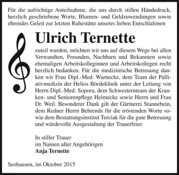Traueranzeige von Ulrich Ternette  von Magdeburger Volksstimme