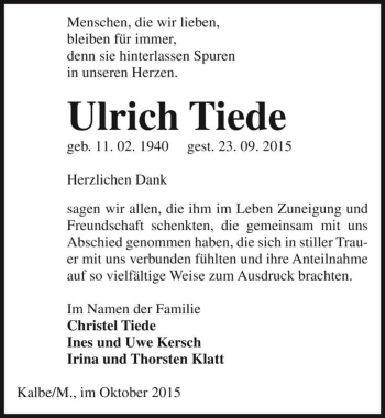 Traueranzeige von Ulrich Tiede  von Magdeburger Volksstimme