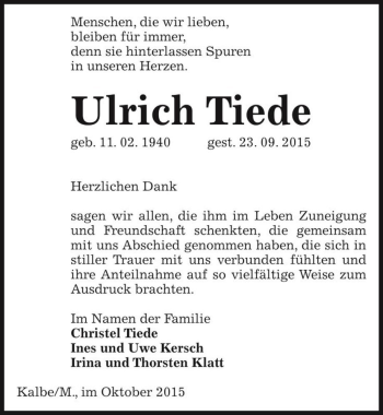 Traueranzeige von Ulrich Tiede  von Magdeburger Volksstimme