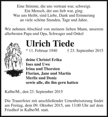Traueranzeige von Ulrich Tiede  von Magdeburger Volksstimme