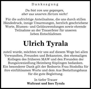 Traueranzeige von Ulrich Tyrala  von Magdeburger Volksstimme