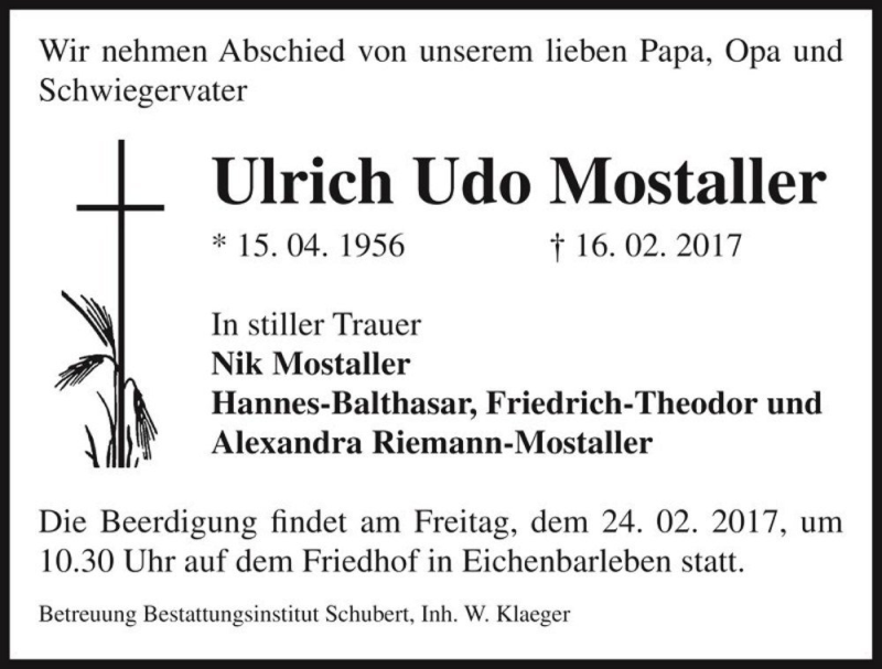  Traueranzeige für Ulrich Udo Mostaller  vom 18.02.2017 aus Magdeburger Volksstimme