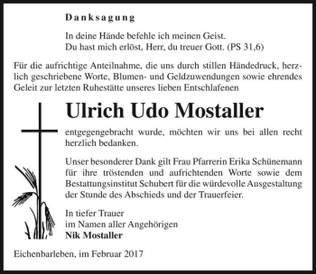 Traueranzeige von Ulrich Udo Mostaller  von Magdeburger Volksstimme