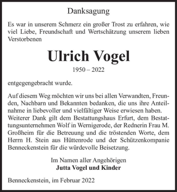 Traueranzeige von Ulrich Vogel  von Magdeburger Volksstimme
