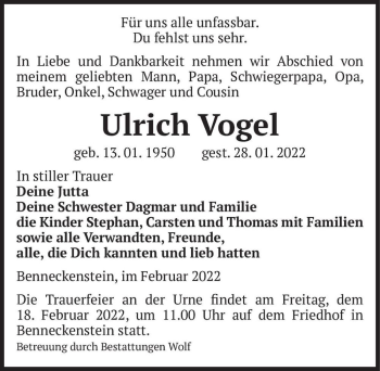 Traueranzeige von Ulrich Vogel  von Magdeburger Volksstimme