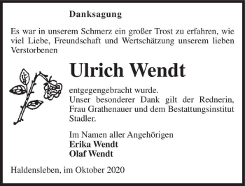 Traueranzeige von Ulrich Wendt  von Magdeburger Volksstimme