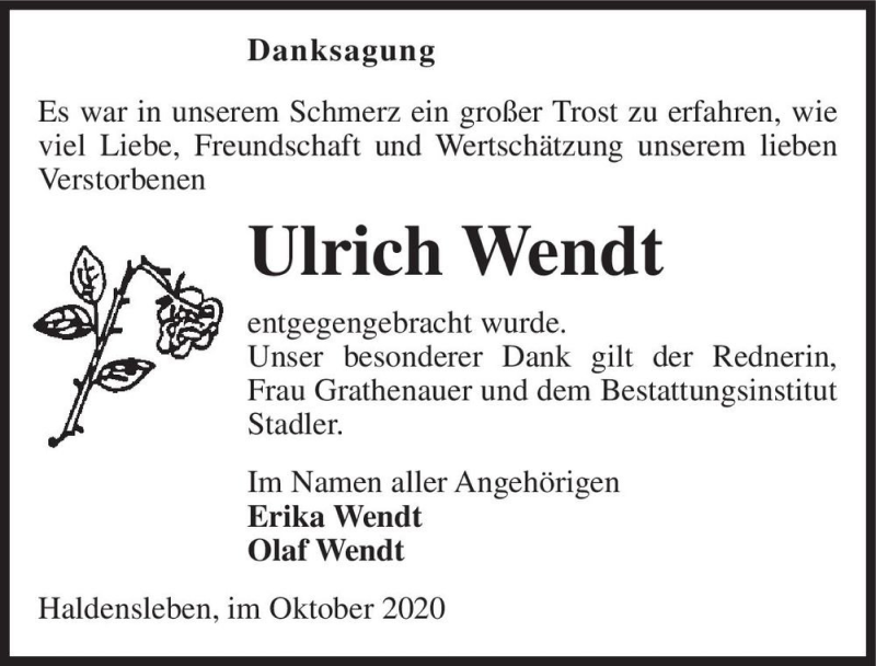  Traueranzeige für Ulrich Wendt  vom 17.10.2020 aus Magdeburger Volksstimme