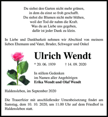 Traueranzeige von Ulrich Wendt  von Magdeburger Volksstimme