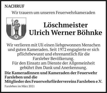 Traueranzeige von Ulrich Werner Böhnke  von Magdeburger Volksstimme