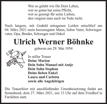 Traueranzeige von Ulrich Werner Böhnke  von Magdeburger Volksstimme
