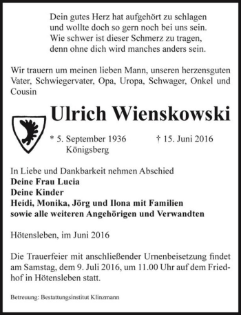 Traueranzeige von Ulrich Wienskowski  von Magdeburger Volksstimme