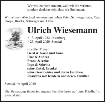Traueranzeige von Ulrich Wiesemann  von Magdeburger Volksstimme