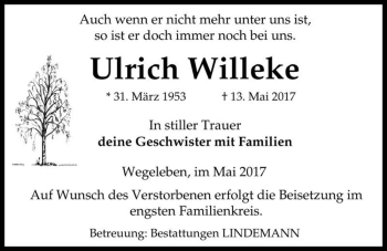 Traueranzeige von Ulrich Willeke  von Magdeburger Volksstimme
