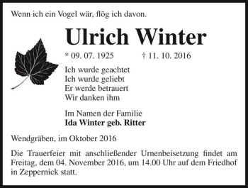 Traueranzeige von Ulrich Winter  von Magdeburger Volksstimme
